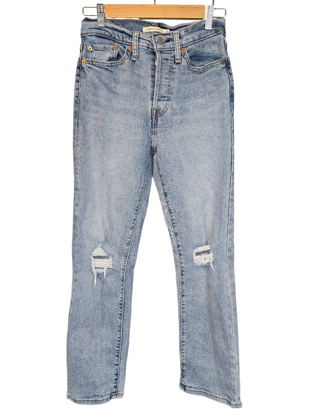 Levi’s Wedgie Straight Jeans Distressed Button Fly High Rise Medium Wash Size 27